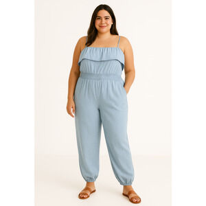 Tommy Hilfiger Denim Removable Strap Ruffle Jumpsuit Lg Blue Boho Indie Casual